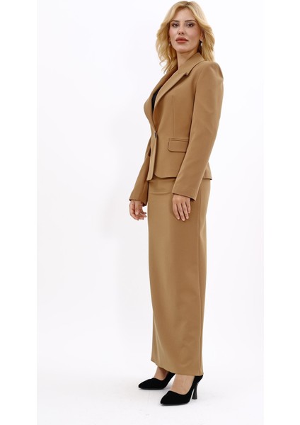 Erkek Yaka Tek Düğmeli Klasik Ceket & Uzun Düz Dar Etek-Camel fiyatları