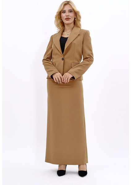 Erkek Yaka Tek Düğmeli Klasik Ceket & Uzun Düz Dar Etek-Camel indirimleri