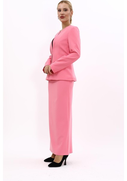 Oval Yaka Yandan Kuplu Klasik Ceket & Uzun Düz Dar Etek-Pembe fiyatları