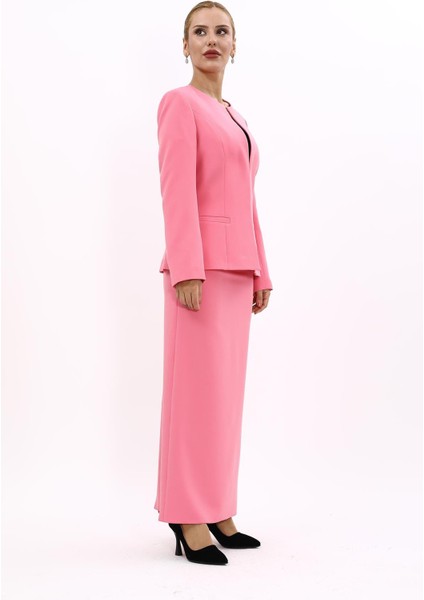 Oval Yaka Yandan Kuplu Klasik Ceket & Uzun Düz Dar Etek-Pembe modelleri