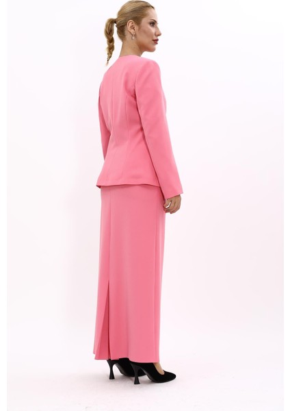 Oval Yaka Yandan Kuplu Klasik Ceket & Uzun Düz Dar Etek-Pembe fırsatları