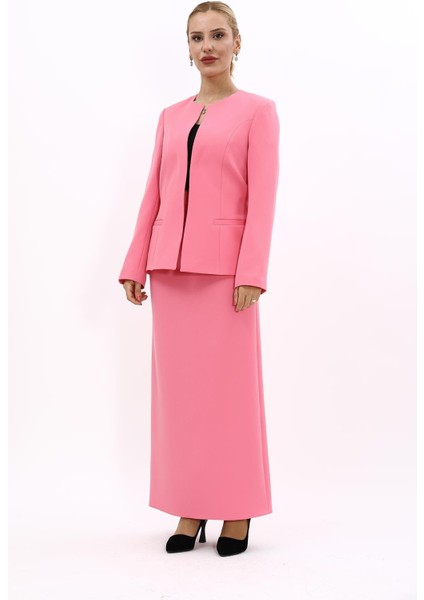 Oval Yaka Yandan Kuplu Klasik Ceket & Uzun Düz Dar Etek-Pembe indirimleri