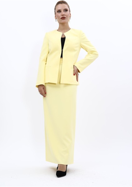 V Yaka Boydan Kuplu Kılasik Ceket & Uzun Düz Dar Etek-Sarı