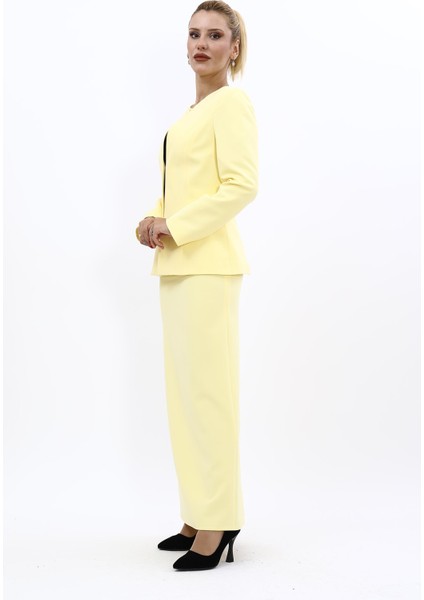 V Yaka Boydan Kuplu Kılasik Ceket & Uzun Düz Dar Etek-Sarı fiyatları