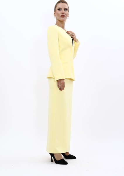 V Yaka Boydan Kuplu Kılasik Ceket & Uzun Düz Dar Etek-Sarı modelleri