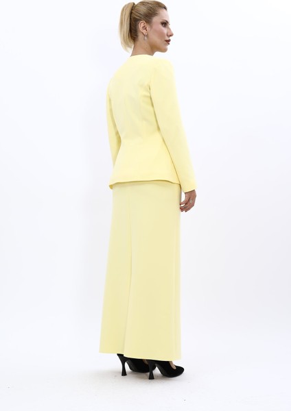 V Yaka Boydan Kuplu Kılasik Ceket & Uzun Düz Dar Etek-Sarı fırsatları