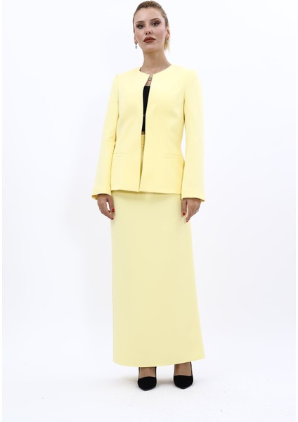 V Yaka Boydan Kuplu Kılasik Ceket & Uzun Düz Dar Etek-Sarı indirimleri