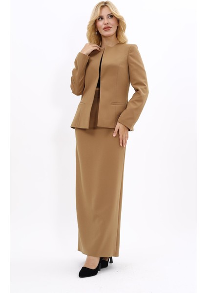 V Yaka Boydan Kuplu Kılasik Ceket & Uzun Düz Dar Etek-Camel