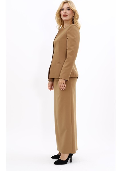 V Yaka Boydan Kuplu Kılasik Ceket & Uzun Düz Dar Etek-Camel fiyatları