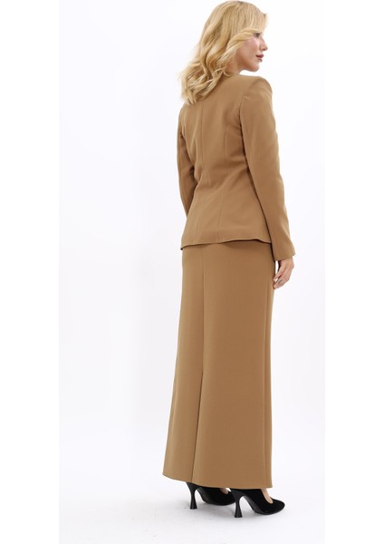 V Yaka Boydan Kuplu Kılasik Ceket & Uzun Düz Dar Etek-Camel fırsatları