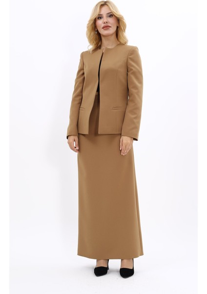 V Yaka Boydan Kuplu Kılasik Ceket & Uzun Düz Dar Etek-Camel indirimleri