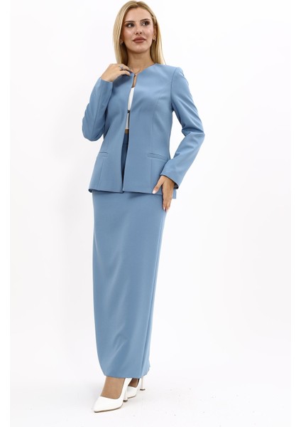 Oval Yaka Yandan Kuplu Klasik Ceket & Uzun Düz Dar Etek-Deniz