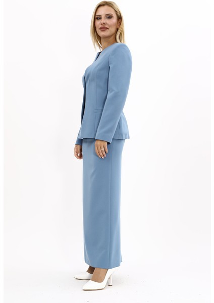 Oval Yaka Yandan Kuplu Klasik Ceket & Uzun Düz Dar Etek-Deniz fiyatları