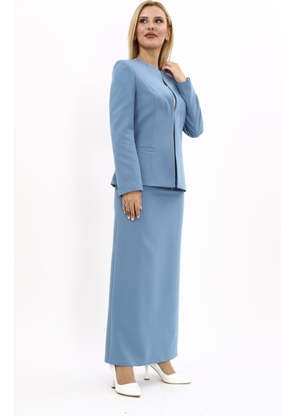 Oval Yaka Yandan Kuplu Klasik Ceket & Uzun Düz Dar Etek-Deniz modelleri