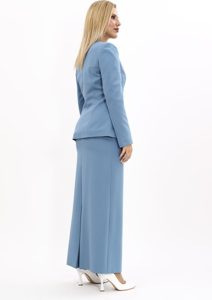 Oval Yaka Yandan Kuplu Klasik Ceket & Uzun Düz Dar Etek-Deniz fırsatları