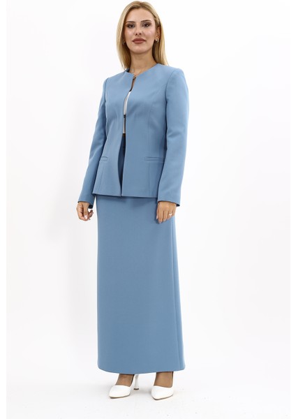 Oval Yaka Yandan Kuplu Klasik Ceket & Uzun Düz Dar Etek-Deniz indirimleri