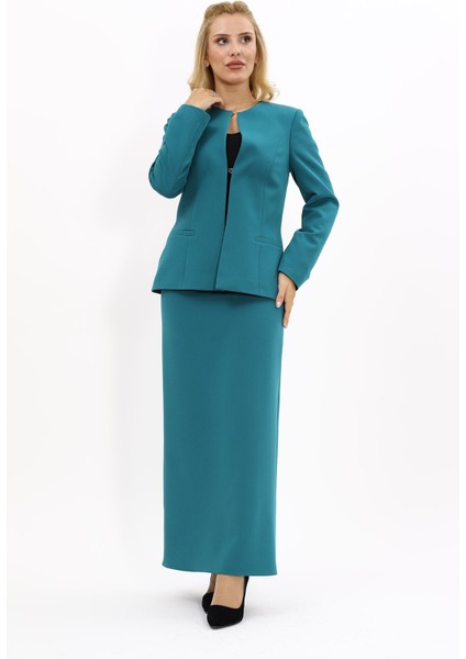 Oval Yaka Yandan Kuplu Klasik Ceket & Uzun Düz Dar Etek-Petrol