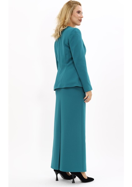 Oval Yaka Yandan Kuplu Klasik Ceket & Uzun Düz Dar Etek-Petrol fırsatları