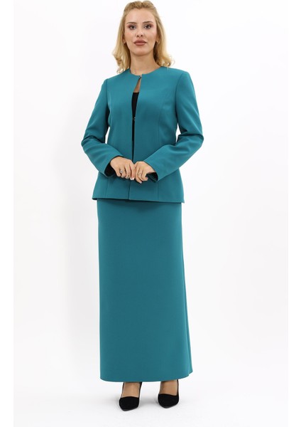 Oval Yaka Yandan Kuplu Klasik Ceket & Uzun Düz Dar Etek-Petrol indirimleri