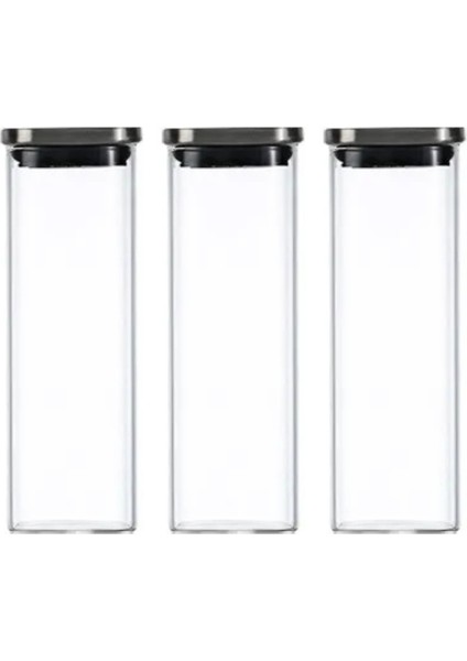 Vakum Krom Kapaklı Kare Cam Kavanoz 6x6*18 cm -600 ml Cam Baharatlık Saklama Kabı 3 Adet