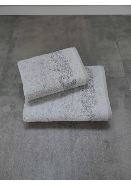 2'li Bambu Çeyizlik Havlu Seti - Yumuşak & Yüksek Su Emici - Çiçekli Banyo Havlusu - Tivoli Cloé - Gri