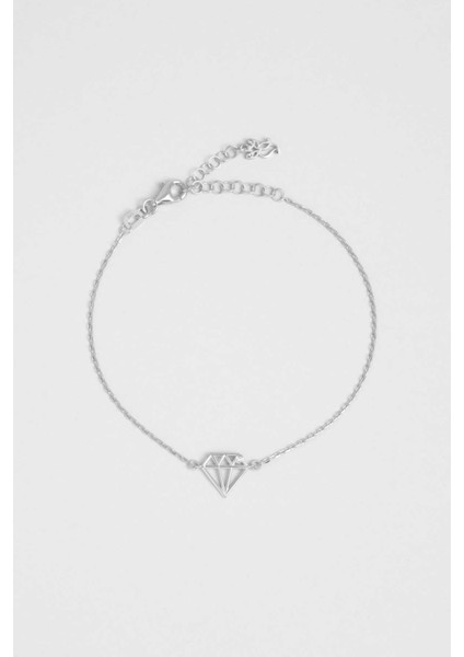 Elmas Ikonlu 18 Ayar Beyaz Altın Kaplama 19 cm Gümüş Bileklik