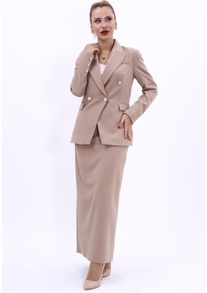 Erkek Yaka Çapraz Ceket & Uzun Düz Dar Etek-Taş