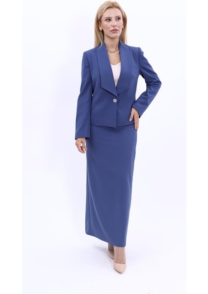 Amerikan Yaka Kısa Klasik Ceket & Uzun Düz Dar Etek-İndigo