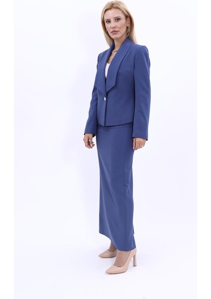 Amerikan Yaka Kısa Klasik Ceket & Uzun Düz Dar Etek-İndigo fiyatları