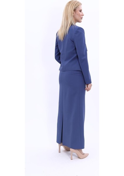 Amerikan Yaka Kısa Klasik Ceket & Uzun Düz Dar Etek-İndigo fırsatları
