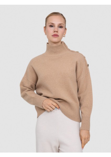 Kaşmir ve Yün Karışımlı Balıkçı Yaka Düğme Detaylı Kazak KZK6972BEJ