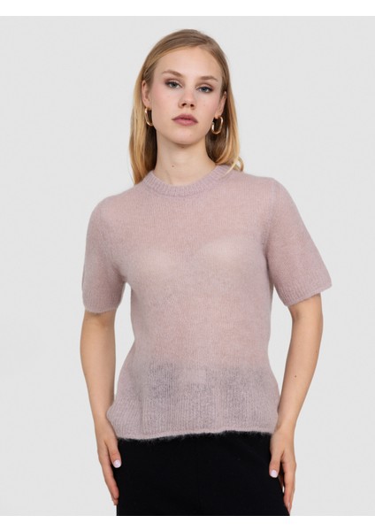 Yarı Transparan Bisiklet Yaka Kazak KZK8524PUDRA fiyatları