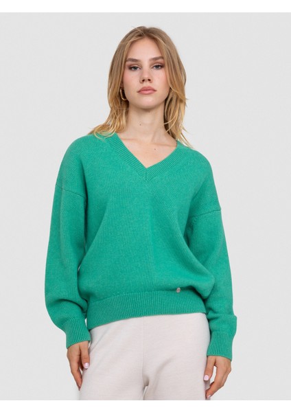 Organik Yün ve Pamuk Karışımlı V Yaka Kazak KZK6648 Yesıl fiyatları