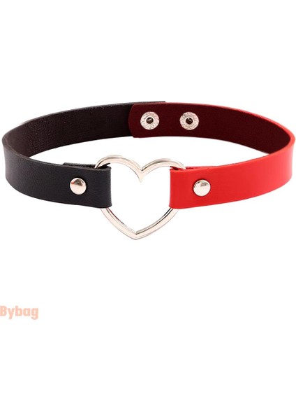 Siyah Kırmızı Deri Tasma Kalp 35 cm Choker Bayan Kolye Takı