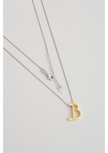 Asimetrik B Harfi 18 Ayar Beyaz ve Sarı Altın Kaplama 45 cm Gümüş Harfli Kolye