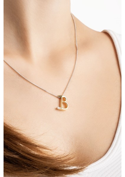 Asimetrik B Harfi 18 Ayar Beyaz ve Sarı Altın Kaplama 45 cm Gümüş Harfli Kolye fırsatları