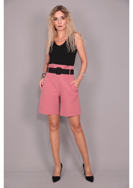 Kemerli Yüksek Bel Şort-Gül Kurusu