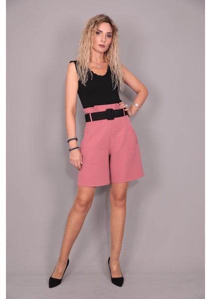 Kemerli Yüksek Bel Şort-Gül Kurusu fiyatları