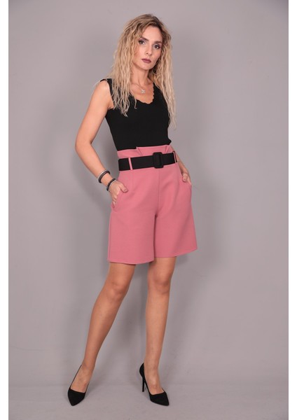 Kemerli Yüksek Bel Şort-Gül Kurusu fırsatları