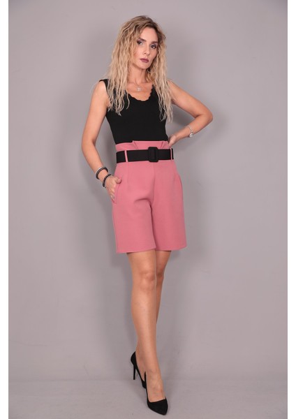 Kemerli Yüksek Bel Şort-Gül Kurusu indirimleri