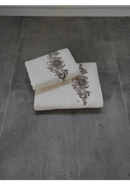 2'li Nakışlı & Bambu Banyo Havlu Seti - Çiçek Desenli & Çeyizlik Banyo Havlusu - Tivoli Elise -Ekru