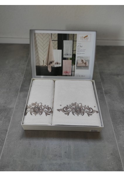 2'li Nakışlı & Bambu Banyo Havlu Seti - Çiçek Desenli & Çeyizlik Banyo Havlusu - Tivoli Elise -Ekru modelleri