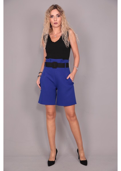Kemerli Yüksek Bel Şort-Saks
