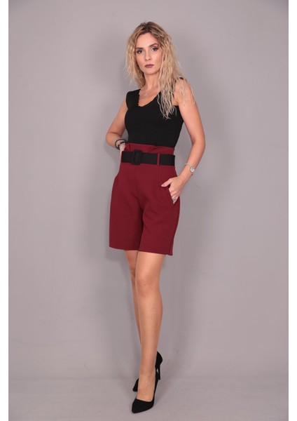 Kemerli Yüksek Bel Şort-Bordo