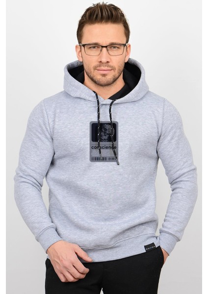 Üç Iplik Şardonlu Baskılı Kapüşonlu Sweatshirt Gri EDW196