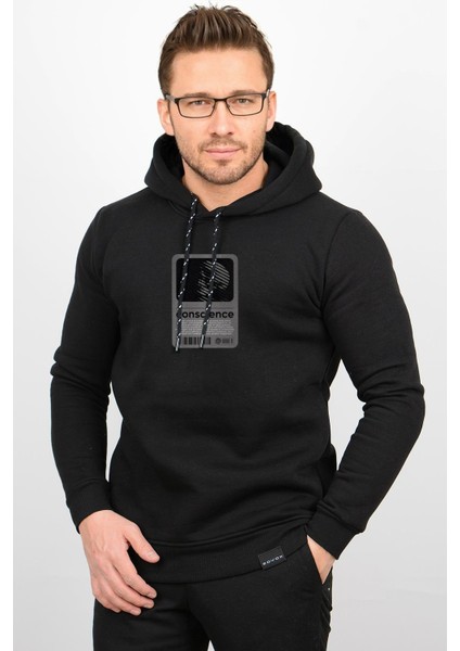 Üç Iplik Şardonlu Baskılı Kapüşonlu Sweatshirt Siyah EDW196