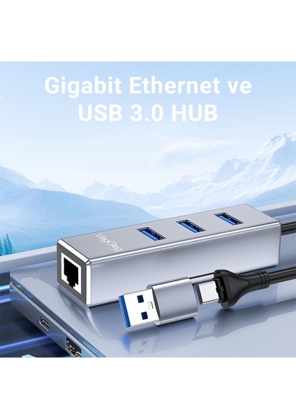 USB ve Type-C Gigabit Ethernet Adaptörü 3 Port USB 3.0 Çoklayıcı Hub