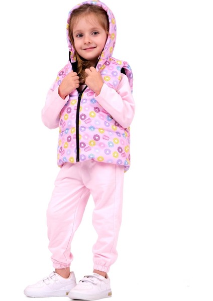 Kız Çocuk Sweet Yazılı Kapüşonlu Yelekli Takım - Pembe