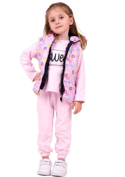 Kız Çocuk Sweet Yazılı Kapüşonlu Yelekli Takım - Pembe