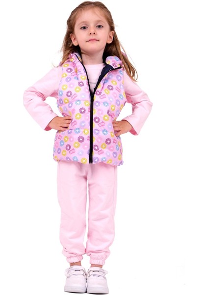 Kız Çocuk Sweet Yazılı Kapüşonlu Yelekli Takım - Pembe